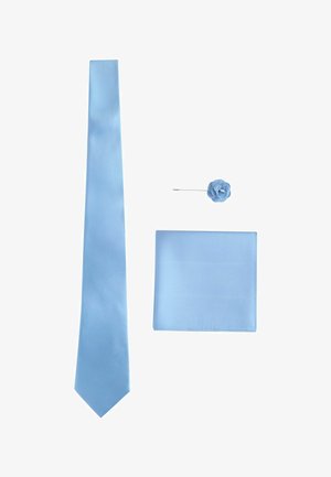 Light blue men's tie, matching pocket square, and blue fabric flower lapel pin on white background.