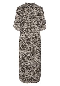 Lång, löst sittande skjortklänning med ett beige och svart zebramönster, med rullade ärmar och en ryggdetalj. Tillverkad av lätt material.