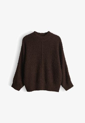 Bruine, zachte trui met een hoge hals, verlaagde schouders en een losse pasvorm. Gestructureerde, zachte stof met geribbelde boorden en zoom.