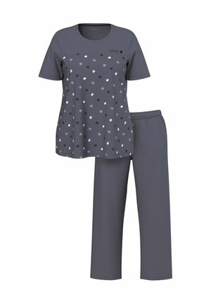 Two-piece gray pajama set with short-sleeve top featuring small floral prints and "LOVE" text, paired with plain straight-leg pants.