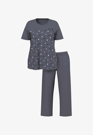 Tweedelig grijs pyjama-set met kortemouwen top met kleine bloemenprints en tekst "LOVE", gecombineerd met eenvoudige rechte pijpen.