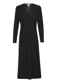 Schwarzes langärmliges Kleid mit V-Ausschnitt, das ein strukturiertes Blattmuster aufweist, eine taillierte Taille hat und einen fließenden Rock besitzt, der unter das Knie fällt.