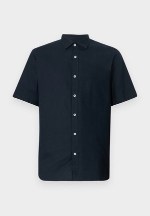 Camicia a maniche corte in cotone blu navy con colletto button-down e bottoni bianchi. Tessuto liscio con taglio dritto e senza fantasie.