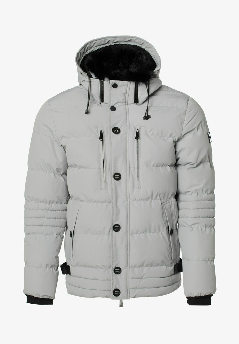 Šviesiai pilkas pūkinis džemperis su kailiniu pamušalu ant gobtuvo, priekiniais mygtukais ir užtraukiamomis kišenėmis. Ypatybės: raibinių rankovių dizainas ir reguliuojami dirželiai apvade.