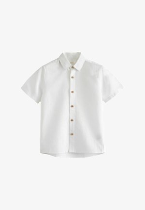 Camicia bianca a maniche corte realizzata in tessuto leggero, con chiusura a bottoni e bottoni in legno, dotata di un colletto classico e orlo curvo.