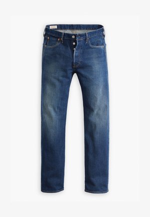 Mørkeblå denim jeans med knaplukning, femlomme-design, subtil falmning og orange syninger. Lige ben skæring.