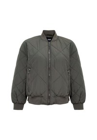 Giubbotto bomber trapuntato di colore verde scuro. Presenta una chiusura con zip anteriore, polsini a coste e due tasche laterali. Tessuto morbido con motivo a diamante.