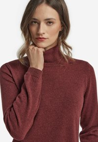 Burgunderfarbener Rollkragenpullover mit langen Ärmeln. Weicher Stoff und taillierte Passform. Minimale gerippte Akzente am Halsauschnitt und an den Bündchen.