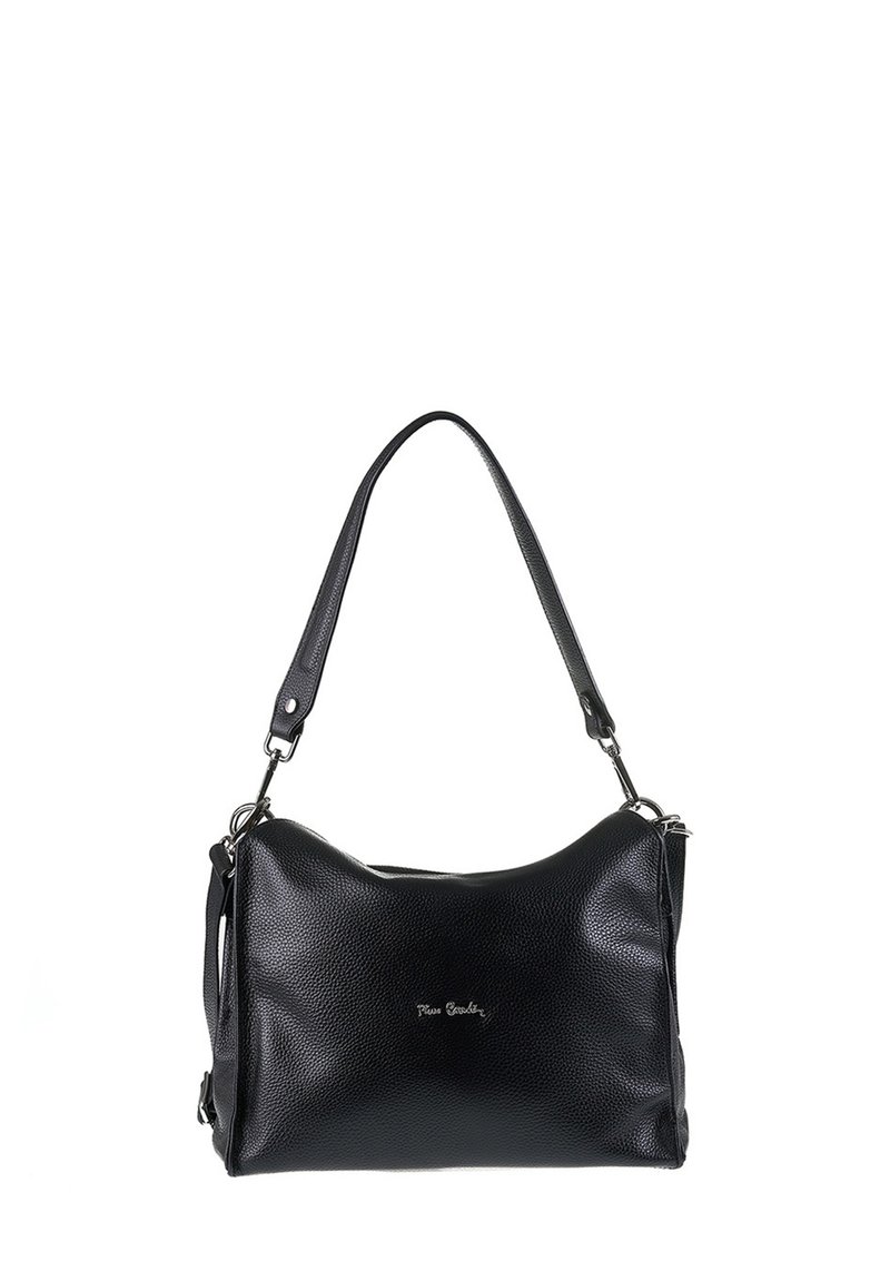 Zwarte leren schoudertas met een gestructureerde afwerking, voorzien van een enkele schouderband en zilveren hardware. Compacte vorm met gestikte details.