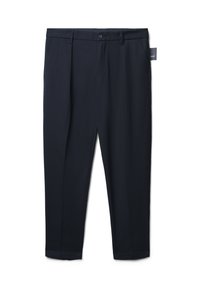 Navyfarbene, maßgeschneiderte Hosen aus glattem Stoff mit geradem Bein, Gürtelschlaufen, kleinen Vorderentaschen und einem Knopfverschluss.