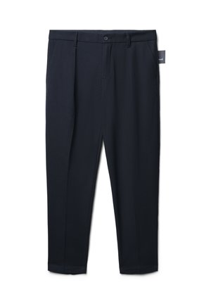 Pantalons taillés bleu marine en tissu lisse, avec une coupe droite, passants de ceinture, petites poches avant et fermeture par bouton.