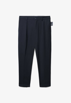 Navyfarbene, maßgeschneiderte Hosen aus glattem Stoff mit geradem Bein, Gürtelschlaufen, kleinen Vorderentaschen und einem Knopfverschluss.