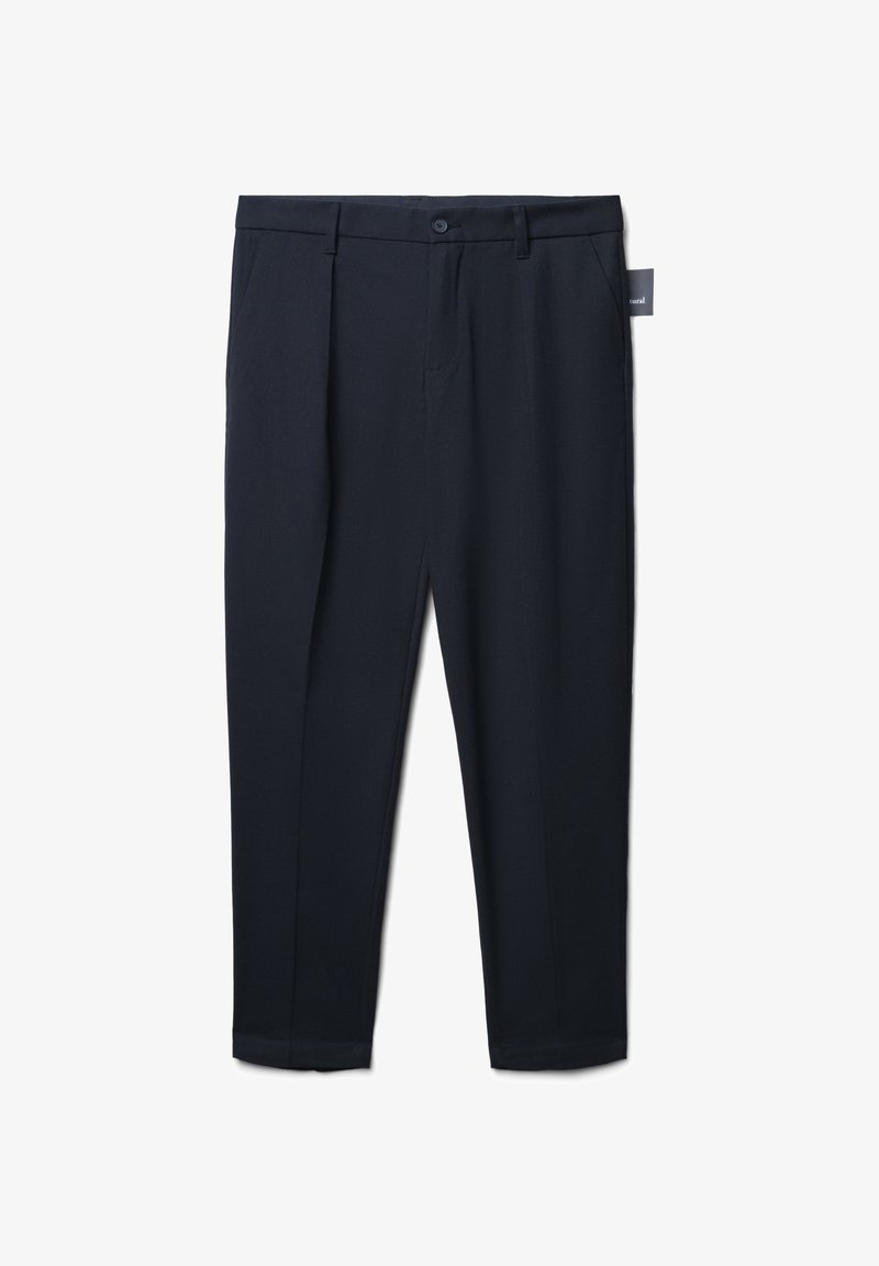 Navyfarbene, maßgeschneiderte Hosen aus glattem Stoff mit geradem Bein, Gürtelschlaufen, kleinen Vorderentaschen und einem Knopfverschluss.