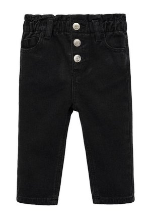 Mustat denimpantsit, joissa on joustava vyötärö, kolme etupainiketta ja kaksi sivutaskua. Niissä on suora lahje eikä näkyviä kuvioita.