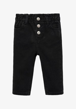 Zwarte denim broek met een elastische tailleband, drie knopen aan de voorkant en twee zijzakken. Ze hebben een rechte pijp en geen zichtbare patronen.