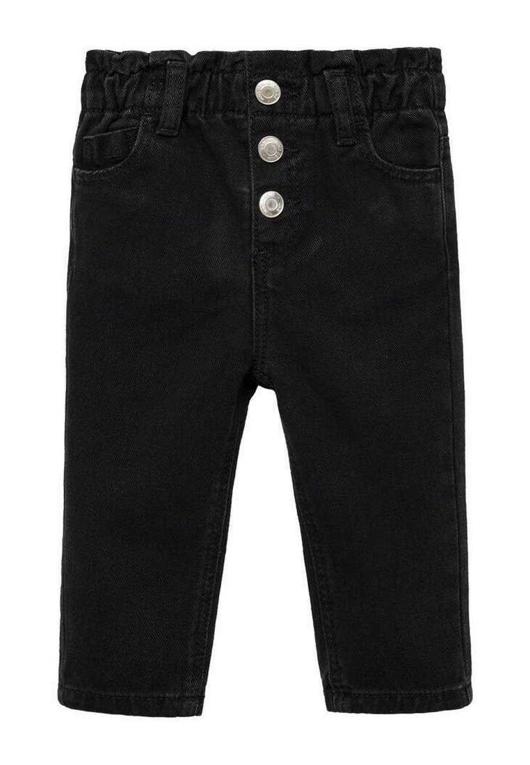 Črni jeans hlače z elastičnim pasom, tremi sprednjimi gumbi in dvema stranskima žepoma. Imajo raven kroj in brez vidnih vzorcev.