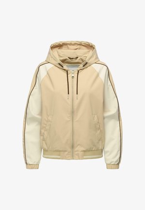 Beige ja kerma huppari, jossa edessä vetoketju, nyörillinen huppu, joustavat hihansuut, sivutaskut ja tummanruskea koristelu hihoissa.