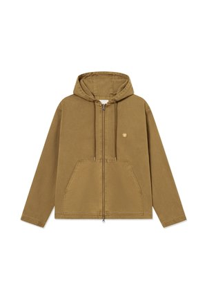 Sudadera con capucha color caqui con cremallera, hecha de mezcla de algodón, con bolsillo delantero, cordón ajustable y un pequeño logo en el pecho.