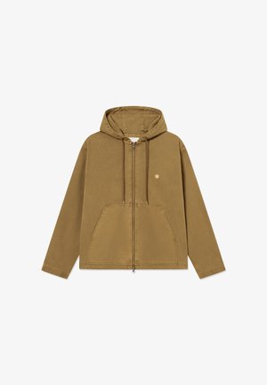 Hanorac kaki cu fermoar, realizat dintr-un amestec de bumbac, având un buzunar frontal, șnur ajustabil și un mic logo pe piept.