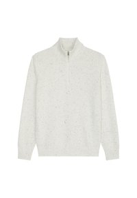 Weißer Strickpullover mit hohem Kragen und einem kleinen Reißverschluss. Hat eine gesprenkelte Textur sowie gerippte Bündchen und Saum.