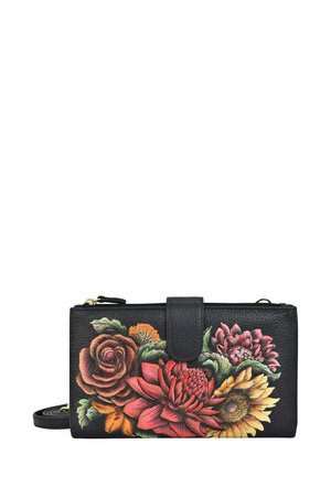 Black leather wallet featuring floral designs in red, pink, orange, and yellow. Includes a snap closure and an adjustable shoulder strap.