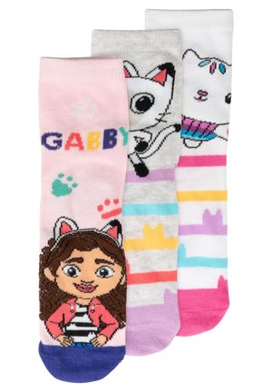 Tre calzini colorati per bambini con una ragazza con orecchie da gatto, un volto di gatto bianco e un cane bianco con strisce colorate.
