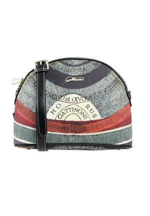 Round handbag made of textured fabric with a patterned design featuring red, green, and blue hues, accented by a black strap and silver hardware.