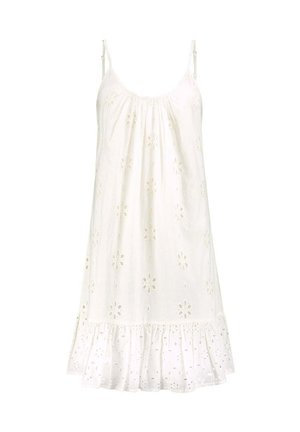 Bela bombažna obleka z rožnatim izvezenim očesom, tankimi naramnicami in volančki na robu. Ohlapen kroj z lahkotno teksturo.