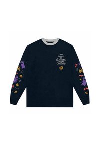 Long-sleeve navy shirt with gray collar, featuring colorful graphics of ghosts and pumpkins on sleeves, and text from "The Nightmare Before Christmas."