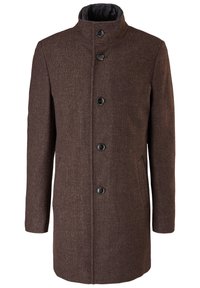 Cappotto in misto lana marrone con colletto alto, bottoni neri, due tasche laterali e tessuto testurizzato. Design casual a taglio dritto.