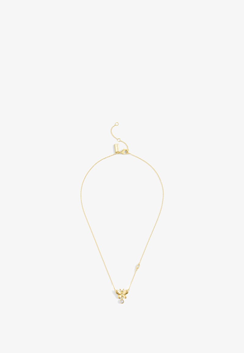 Gold necklace with a butterfly pendant, featuring a small dangling crystal. The chain is delicate, with an adjustable length.