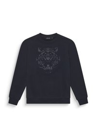 Sudadera azul marino de algodón con cuello redondo, que presenta un gráfico de tigre oscuro en la parte delantera y puños y dobladillo acanalados.
