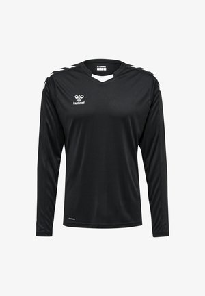 Zwarte sportshirt met lange mouwen van ademend materiaal. Beschikt over een V-hals, een wit logo op de borst en contrasterende witte accenten op de mouwen.