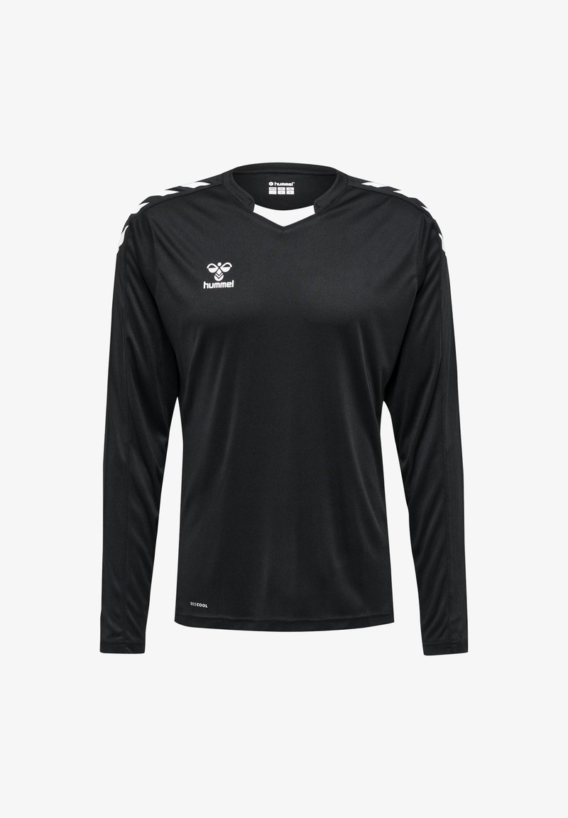 Langärmliges schwarzes Sporthemd aus atmungsaktivem Material. Verfügt über einen V-Ausschnitt, ein weißes Logo auf der Brust und kontrastierende weiße Akzente an den Ärmeln.