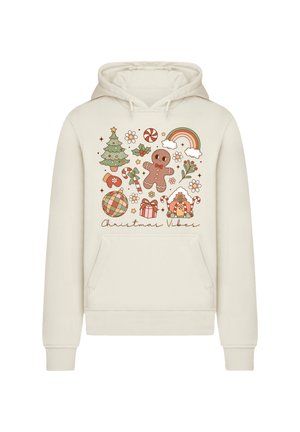 Cream-colored hoodie featuring a graphic print of Christmas-themed motifs, including a tree, gingerbread man, gifts, and a rainbow.