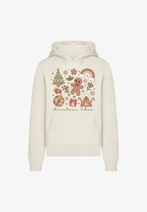 Cappuccino-farbene Kapuzenjacke mit einem grafischen Druck, der weihnachtliche Motive zeigt, darunter einen Baum, einen Lebkuchenmann, Geschenke und einen Regenbogen.