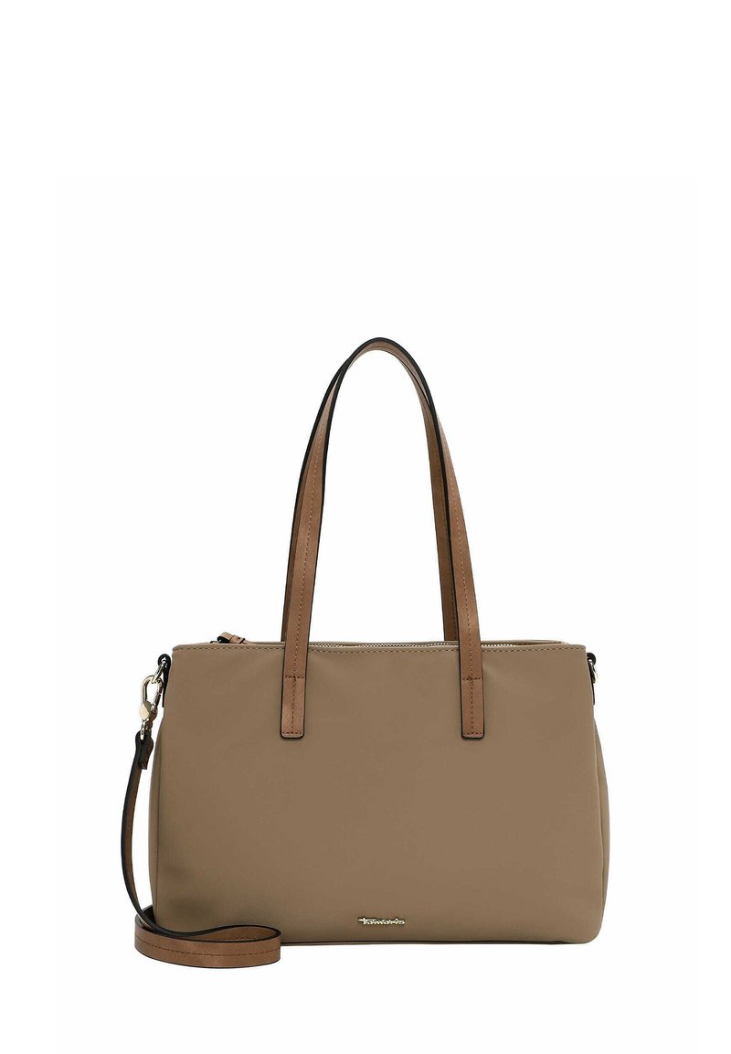 Sac à main en cuir tan avec des poignées marron et une bandoulière amovible. Présente une fermeture zippée et un design minimaliste.