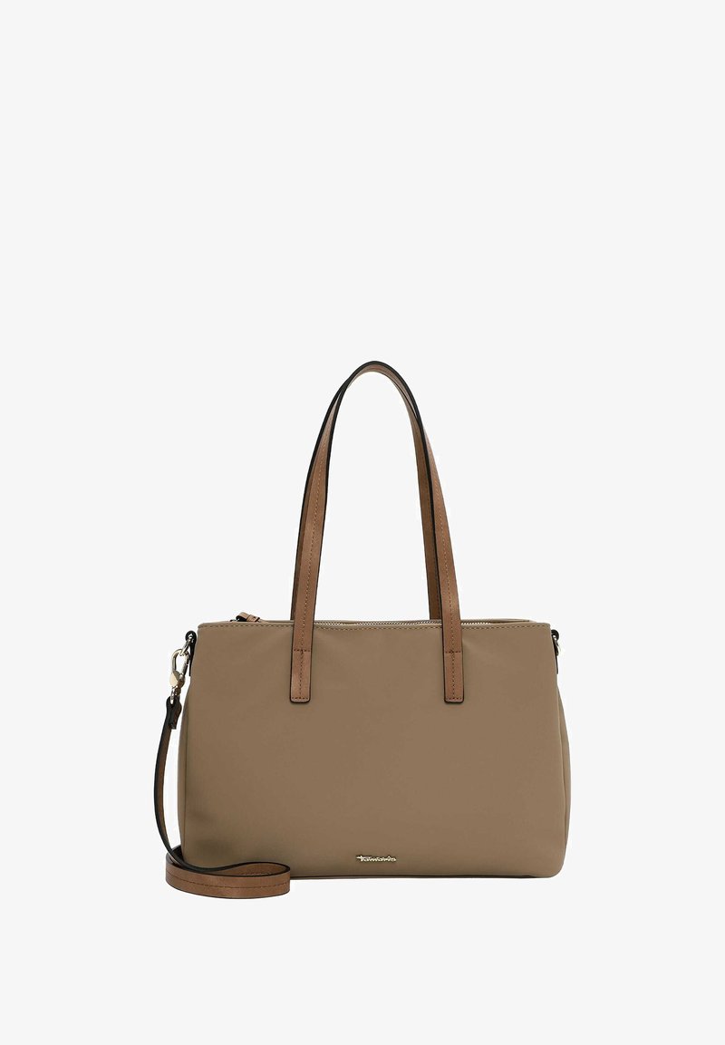 Brązowa skórzana torba na ramię z jasnobrązowymi uchwytami i odpinanym paskiem na ramię. Posiada zamek błyskawiczny i minimalistyczny design.