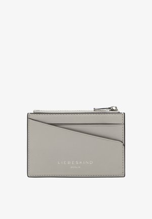 Gray leather card holder with a textured surface, featuring multiple card slots and a zip pocket. Engraved branding on the front.