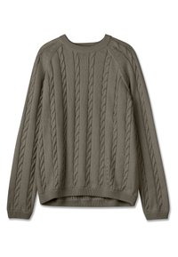 Pulover z kabelskim pletenjem v olivno zeleni barvi, z navpičnimi rebrastimi vzorci in teksturiranimi motivi. Okrogla izrezana ovratnica in nekoliko ohlapen fit.