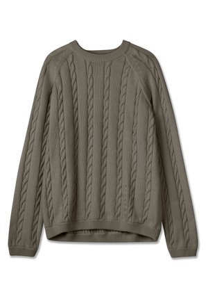 Καλσόν πουλόβερ σε ελαιώδη απόχρωση, με κάθετες ραβδώσεις και υφασμάτινα σχέδια. Στρογγυλή λαιμόκοψη και ελαφρώς χαλαρή εφαρμογή.