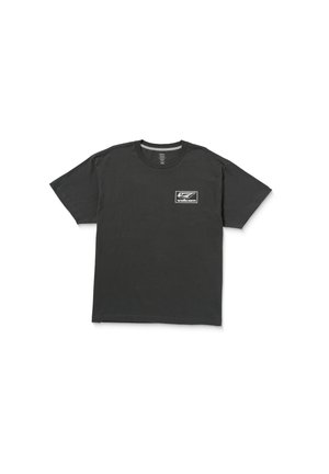 Black cotton short-sleeve t-shirt with a round neck, featuring a white logo on the left chest pocket area. Simple design, solid color.