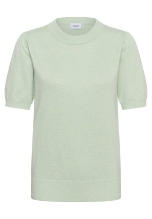 Világoszöld, rövid ujjú kötött pulóver kerek nyakkivágással és enyhén puffadt ujjakkal, a galléron "Saint" felirattal.