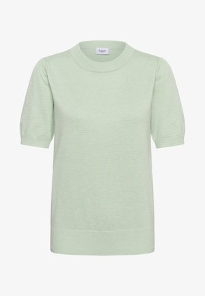 Svetlozelený krátky pletený sveter s okrúhlym výstrihom a mierne nafúknutými rukávmi, s nápisom "Saint" pri golieri.