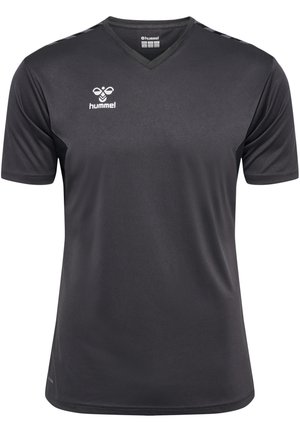 Schwarzes, kurzärmeliges Sporttrikot mit V-Ausschnitt, weißem Hummel-Logo auf der Brust und schwarzen Chevron-Streifen auf den Schultern.