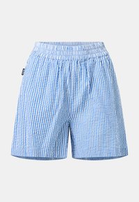 Shorts à taille élastique rayé verticalement bleu clair et blanc, tissu légèrement texturé et petite étiquette noire sur le côté.