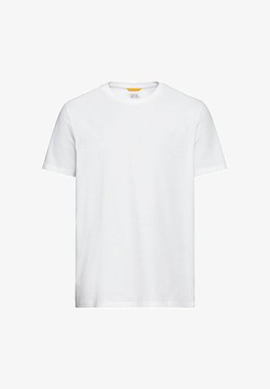 Weißes Baumwoll-T-Shirt mit Rundhalsausschnitt, kurzen Ärmeln und kleinem Logo auf der Brust. Glatte Textur und klassischer Schnitt.