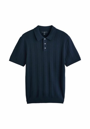 Tricou polo bleumarin cu mâneci scurte, dungi verticale texturate, trei nasturi în față și guler clasic.