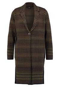 Manteau noir à motifs avec un design de grille orange et vert. Il présente un col cranté, une fermeture à un bouton et des manches longues.