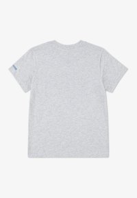 Camiseta gris claro de manga corta fabricada en una mezcla de algodón, con cuello redondo y un pequeño logo azul en la manga izquierda.